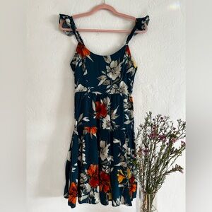 Xhilaration Teal Floral Ruffle Shoulder Midi Dress with Orange & Cream Blooms